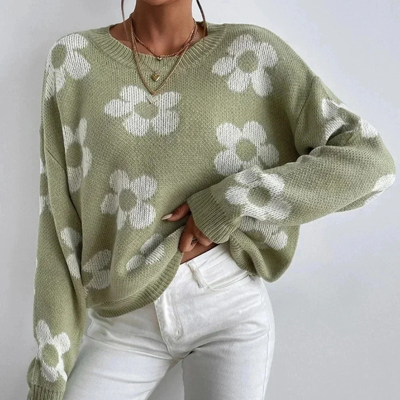 Sweaters - Floral Pattern Drop Shoulder Sweater
